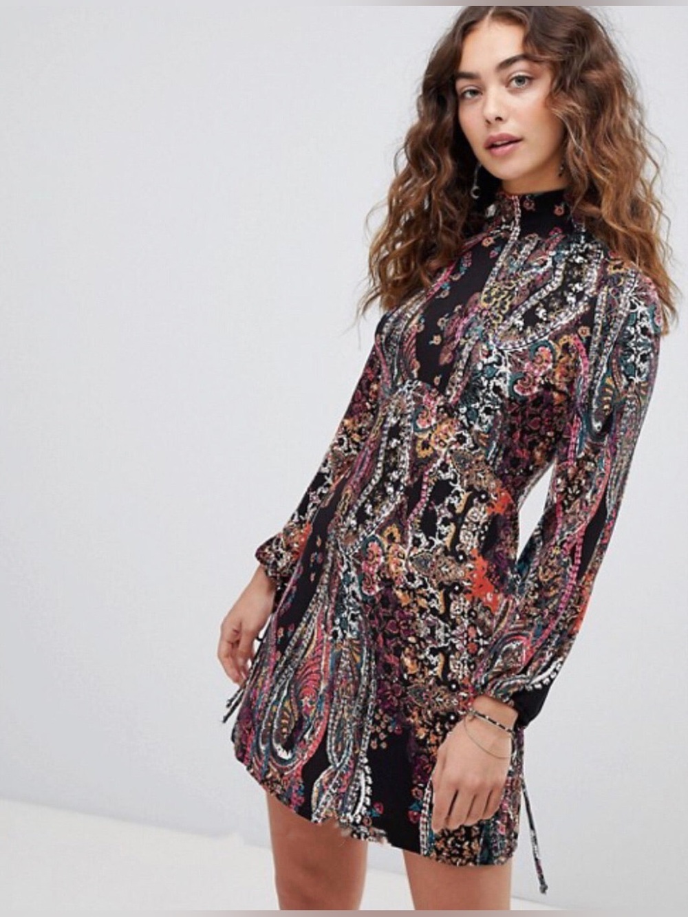 NWT FREE PEOPLE “All Dolled Up” Mini Dress Paisley Long-Sleeve, Size Medium